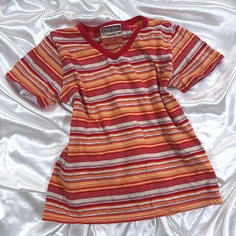 y2k retro Star Ride Striped T-Shirt Red Orange V-Neck Short Sleeve